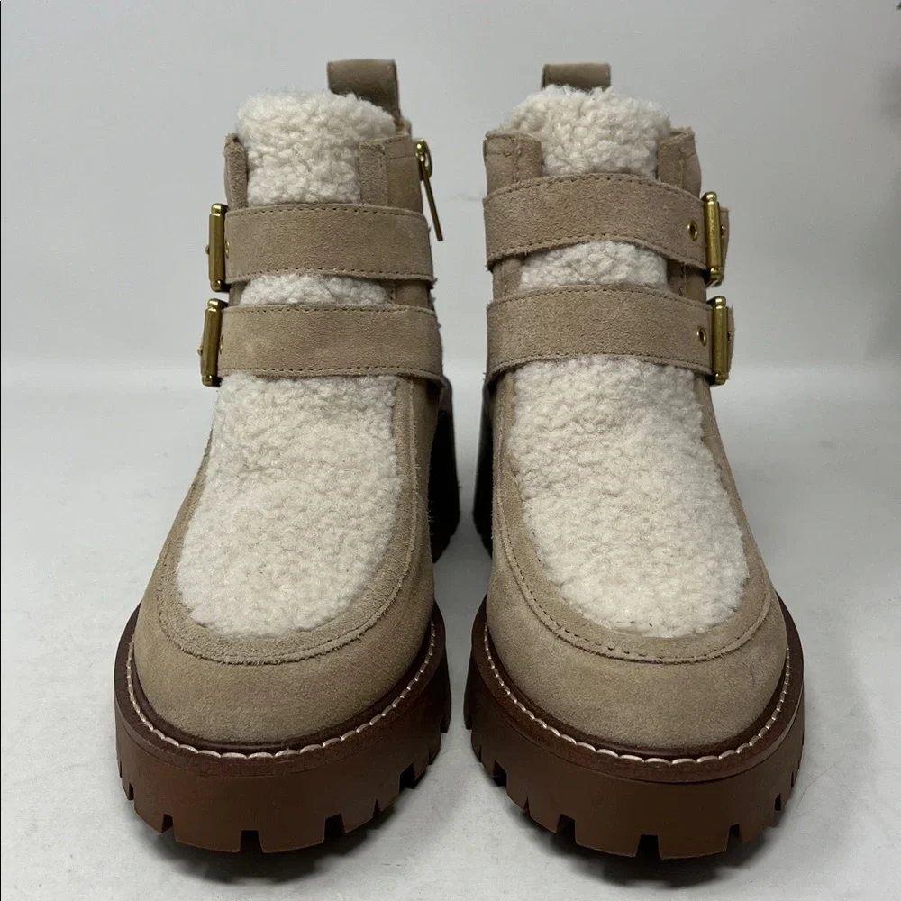 VINCE CAMUTO Destonny Cozy Buckle Booties Tan Suede and Sherpa Side Zip Sz 6 new
